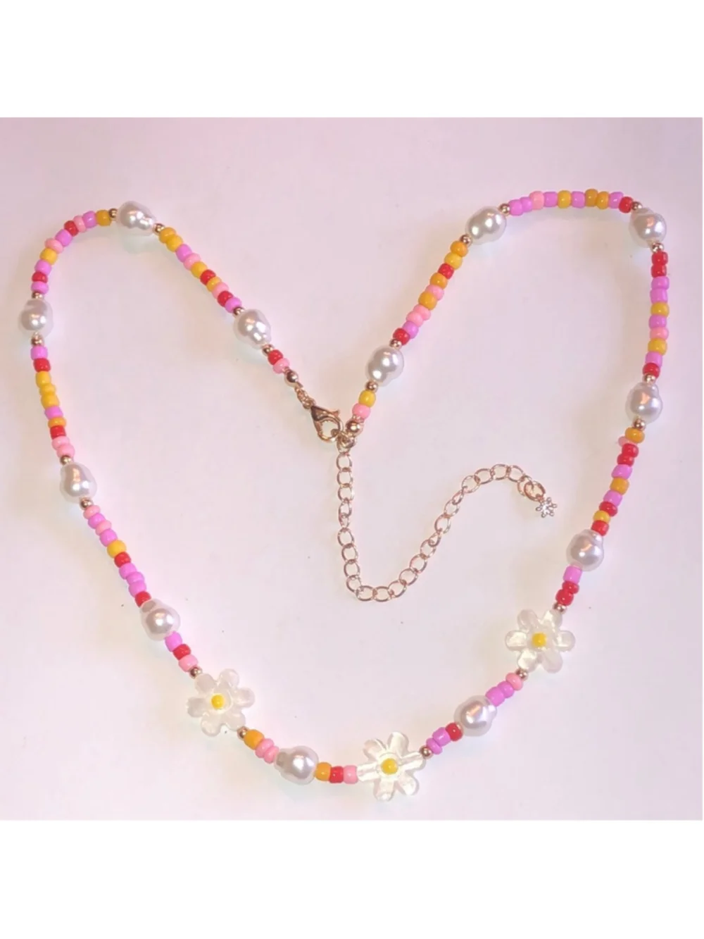 Pink Colorful Seed Bead Beaded Mother of Pearl Flower Necklace
